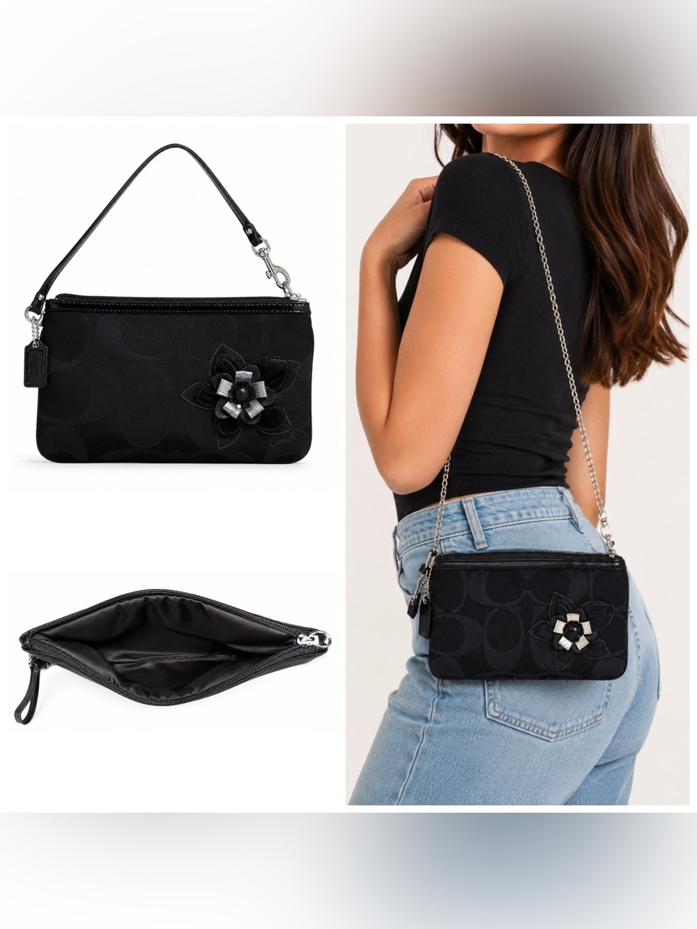 Coach Black Signature Floral Appliqué Wristlet Clutch - Picture 2 of 16
